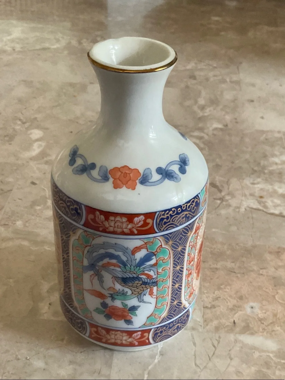 Porcelain Floral & Crane Decorative Vase - White, Orange, Blue